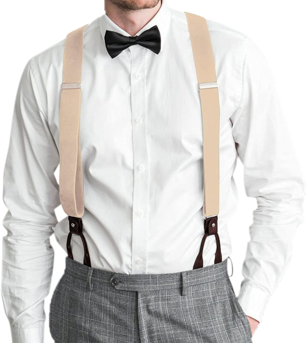 Men'S Brown Button End Suspenders - Y-Back Elastic Tuxedo Braces