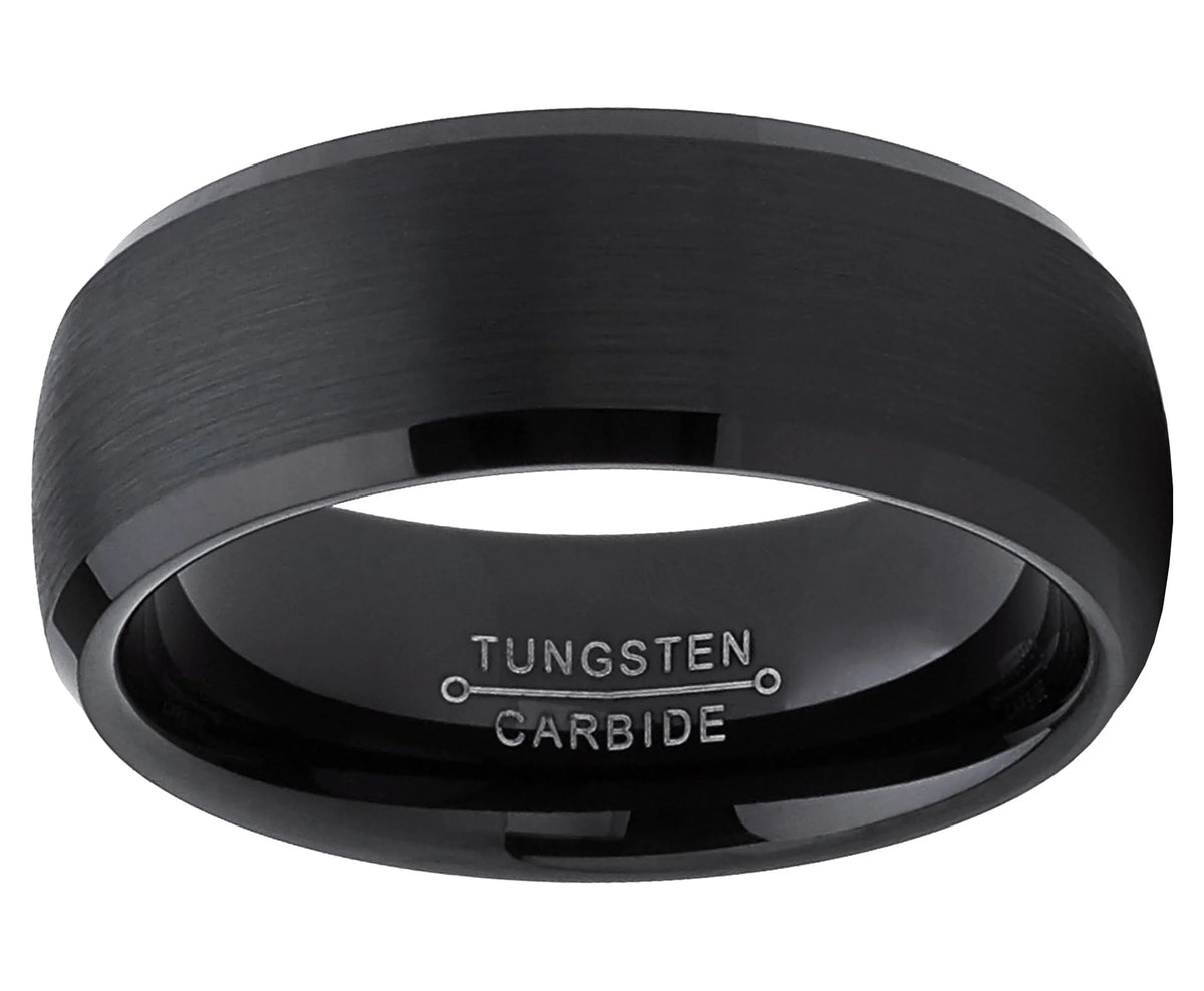 Mens Tungsten Wedding Band Ring Dome Comfort-Fit Solid Black 8Mm
